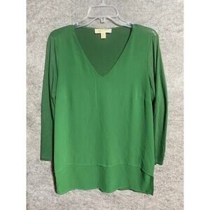 Michael Kors Blouse Womens S Layered Viscose Stretch V Neck Long Sleeve Green